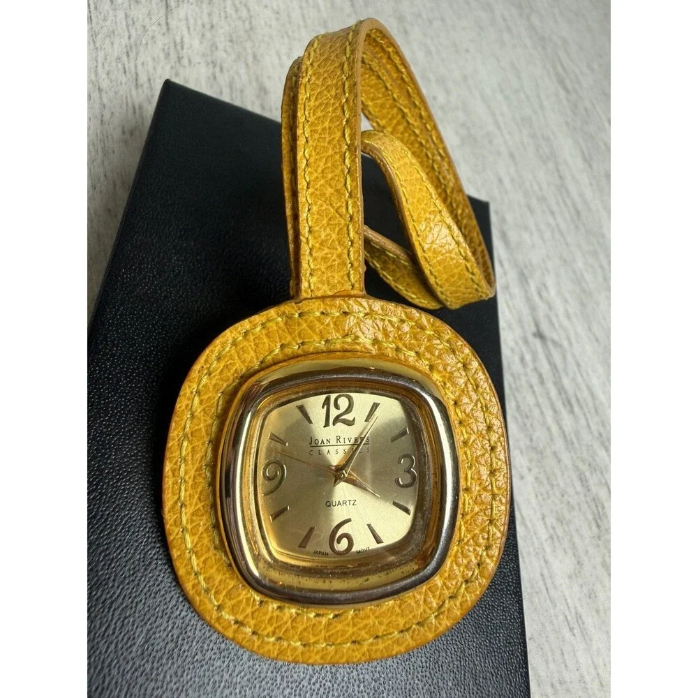 Vintage Joan Rivers Classics Mustard Yellow Leather Bag Charm Watch Square Gold